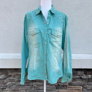 DG2 Diane Gilman Embellished Snap Front Shirt Jacket Green Flaw Size Large
